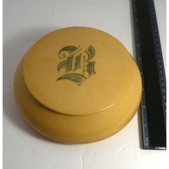 Vintage Yellow Celluloid Vanity Powder Jar/Trinket Box W/ Monogrammed Lid *Rare* - Picture 5 of 8